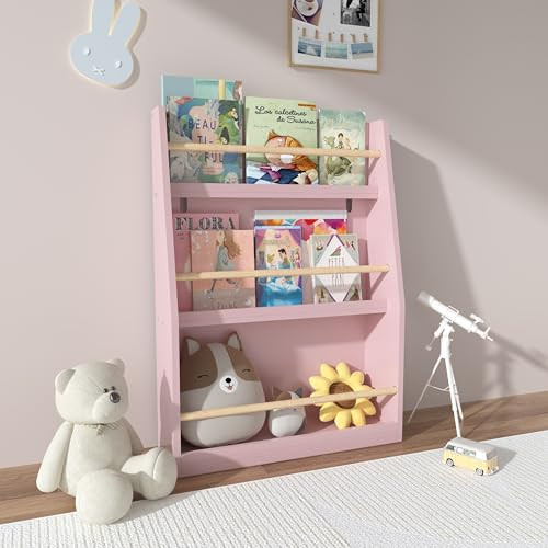 GDFStudio 3 Tier Kids Bookshelf and Toy Storage Organizer, Wooden Book Rack for Toddlers Infants Baby Young Children, Kids Toy Storage Shelf Display for Bedroom Playroom Nursery Kid Room, Pink | Amazon (US)