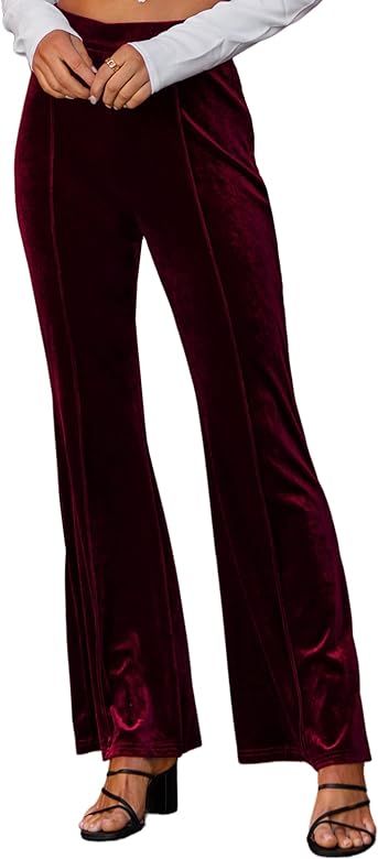 ECOWISH Womens Velvet Pants Elastic High Waist Palazzo Pants Casual Flare Long Trousers Wine Red ... | Amazon (US)