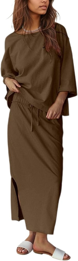 Halfword 2 Piece Sets for Women Oversized Shirt and Maxi Skirt Set Vacation Clothes Casual Lounge... | Amazon (US)