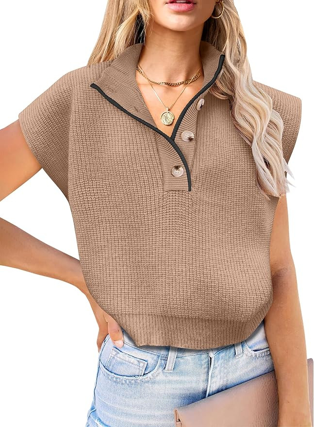 ANRABESS Womens Short Sleeve Sweaters V Neck Button Down Pullover Sweater Tops Loose Casual Knit ... | Amazon (US)