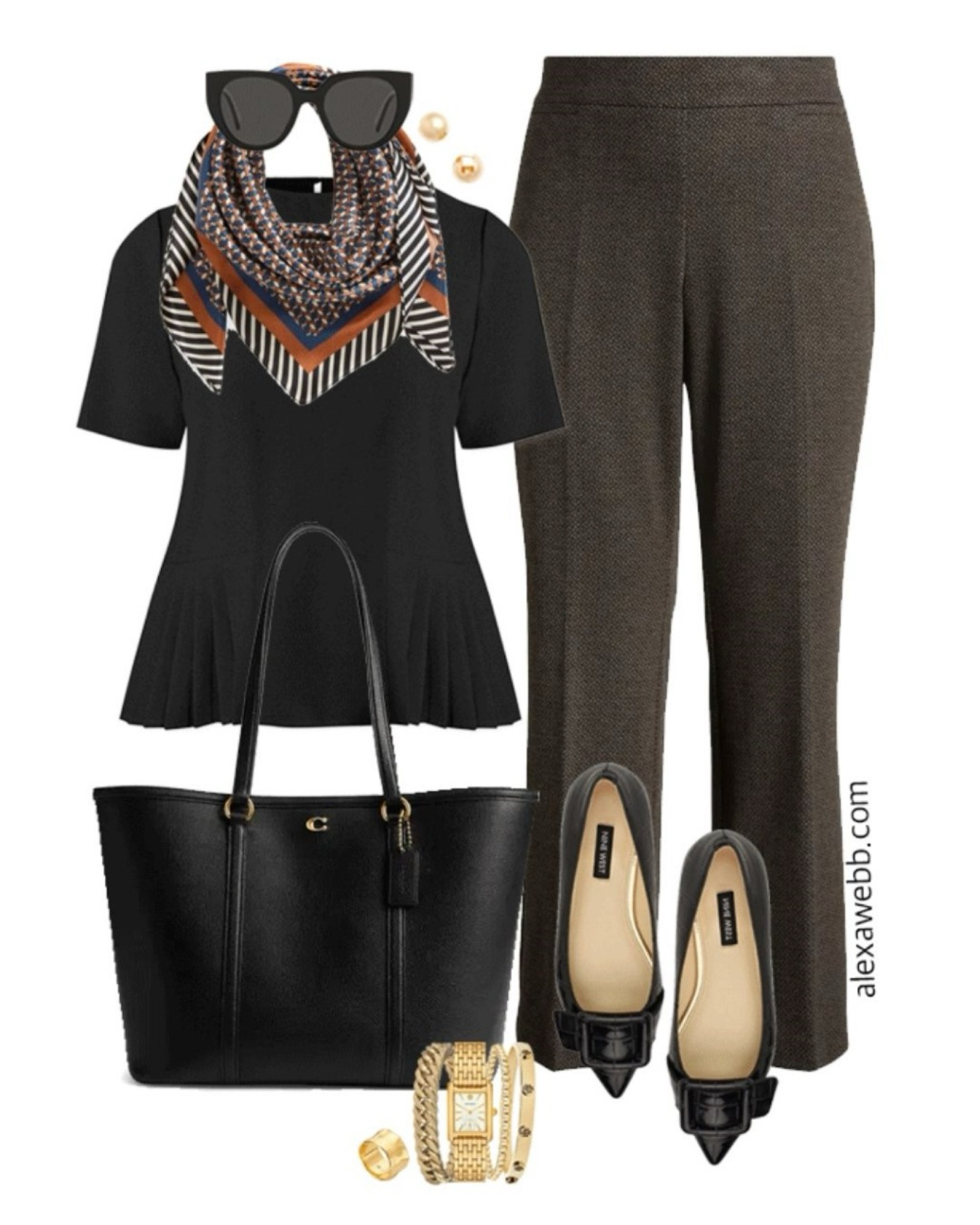 Plus size fall business casual work capsule wardrobe with a scarf, black top and black and tan pants with black flats. Alexa Webb 

#LTKStyleTip #LTKWorkwear #LTKPlusSize