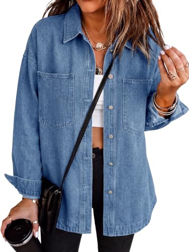 Tankaneo Womens Oversized Denim Shirt Jacket Button Down Fall Jean Shacket | Amazon (US)