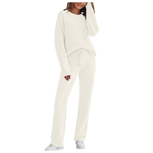 Fuzzy Fleece Pajama Sets for Women 2 Piece Outfits Knit Top Wide Leg Pants Comfy Fall 2024 Loungewear Sets 2024 Fall Fashion Matching Sets Women Clothing Lightning Deals Beige | Amazon (US)
