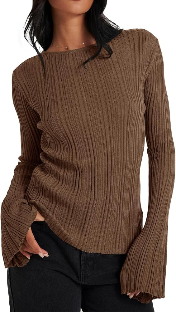 Cicy Bell Womens Bell Long Sleeve Tops Going Out Knitted Fall Pullover Lightweight Sweater Shirts | Amazon (US)