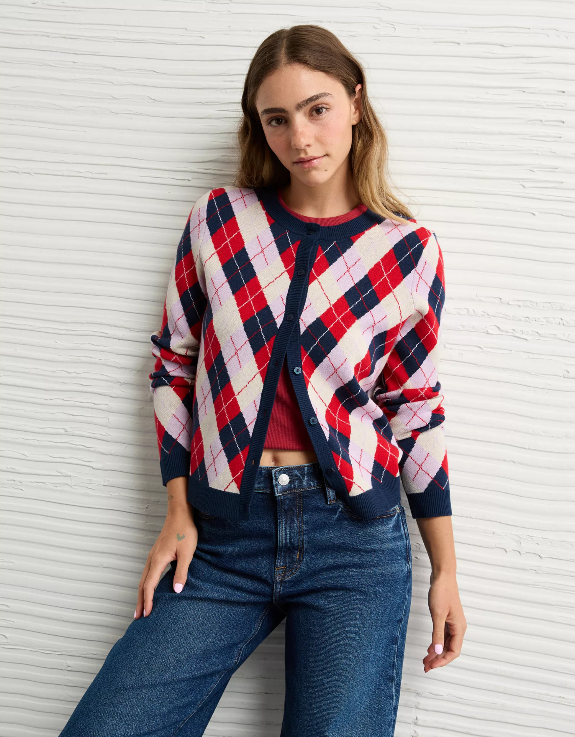 AE x The Summer I Turned Pretty Crew Neck Argyle Cardigan | American Eagle Outfitters (US & CA)