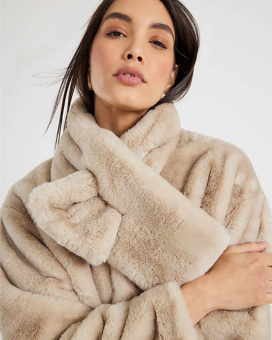 Cream Scarf Detail Faux Fur Coat | River Island UK & IE