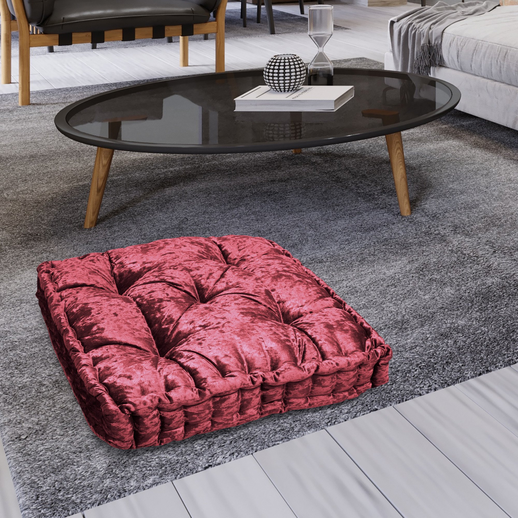 Better Homes & Gardens Crushed Velvet Tufted Square Floor Cushion, 24" x 24", Burgundy | Walmart (US)