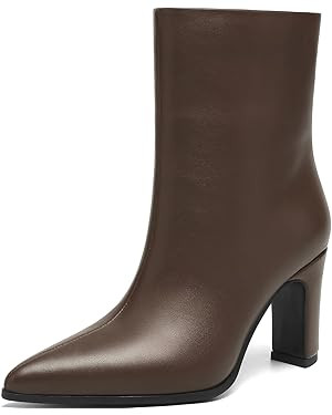 Women’s Pointed Toe Ankle Boots, Triangle Block Heel Booties, Pull-On Smooth Faux Leather Dress... | Amazon (US)