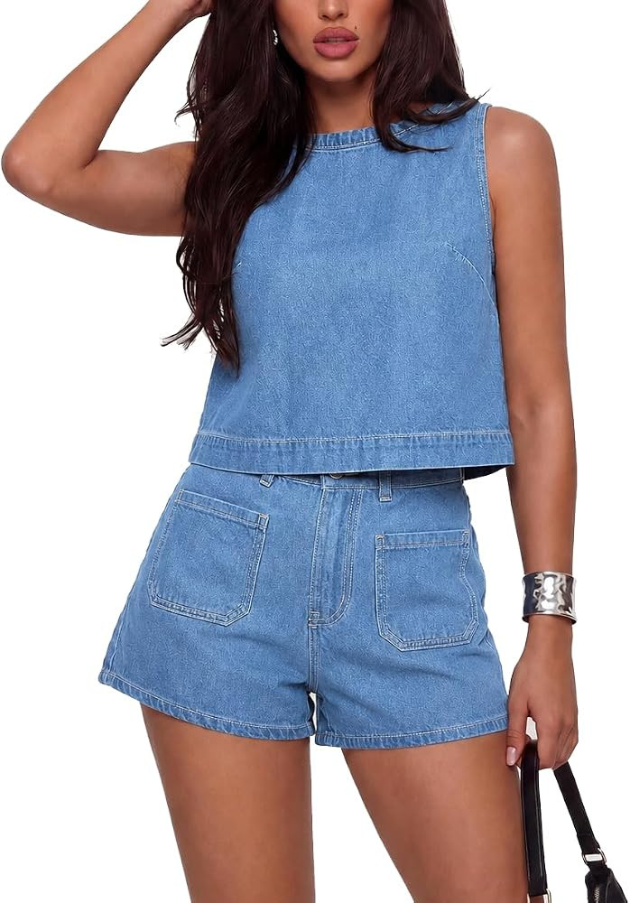 Kedera Summer Denim Set for Women 2 piece Casual Sleeveless Boxy Shirt Tops and Shorts Pants Loun... | Amazon (US)