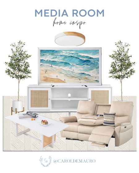 Achieve this coastal-themed media room inspo for your home this Summer with this neutral couch, faux plants, a beautiful rug, and more!
#designtips #furniturefinds #homerefresh #interiordesign

#LTKStyleTip #LTKHome #LTKSeasonal