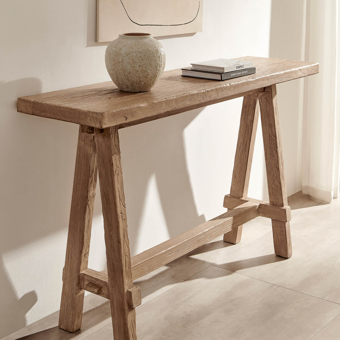 EM Wabisabi Rustic Farmhouse Reclaimed Wood Sawhorse Console Table | Eternity Modern