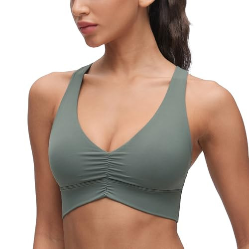 CRZ YOGA Butterluxe Ruched Longline Sports Bras for Women - V Neck Padded Yoga Tank Wide Straps Cross Back Crop Tops Grey Sage X-Small | Amazon (US)
