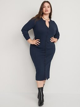 Fitted Rib-Knit Midi Button-Front Dress for Women | Old Navy (US)