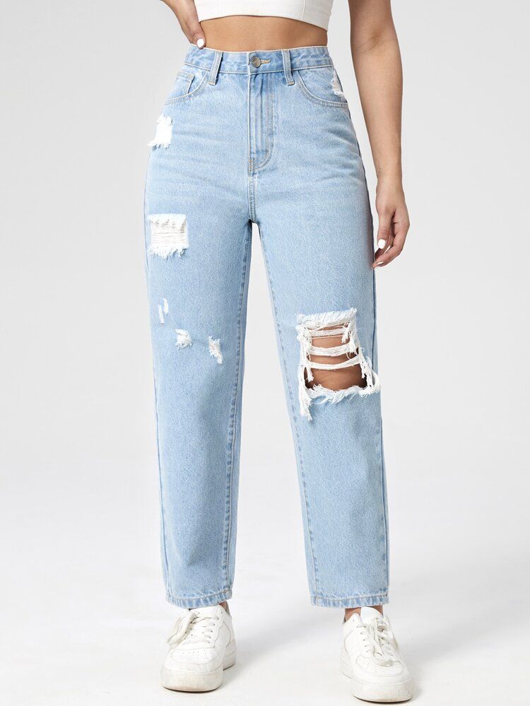 High Waisted Ripped Mom Fit Jeans | SHEIN