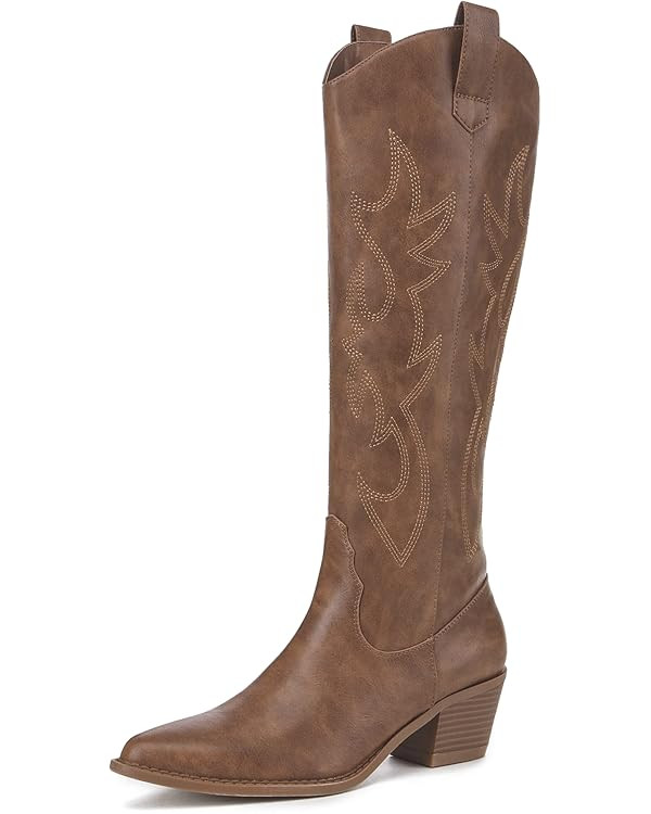 Athlefit Women's Western Embroidered Cowboy Boots Pointed Toe Chunky Heel Pull On Knee High Boots | Amazon (US)