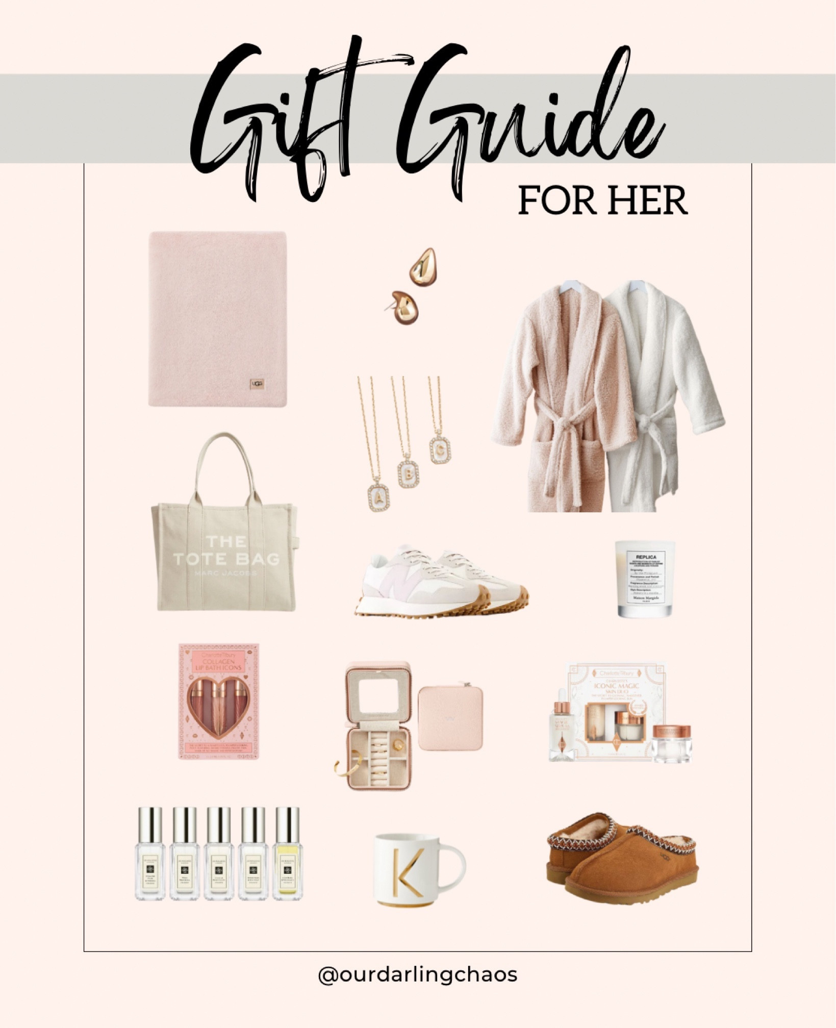 Gift guide for her!💗💄👸🏼
These gifts are perfect for all the women in your life! 😊
The Ugg blanket + slippers, and Pottery Barn robe are perfect for these colder months!☃️
I am loving the New Balance sneakers, I wear them all the time!👟
I have been eyeing the Marc Jacobs tote for months, it’s just so cute!!👜
Also loving anything from Charlotte Tilbury, those gift sets are to die for!!😍
Any jewelry is something I’m obsessed with, definitely a safe bet for all the girls!😊

#LTKshoecrush #LTKbeauty #LTKGiftGuide