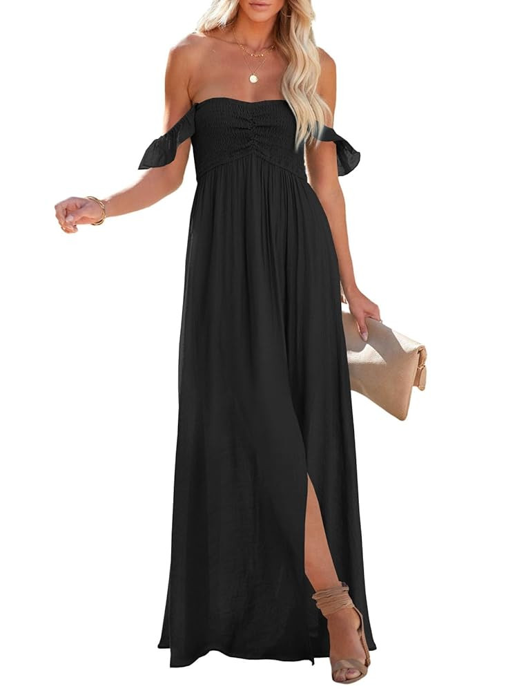 Happy Sailed Women's 2025 Summer Smocked Off The Shoulder Maxi Dresses Ruffle Short Sleeve A Line... | Amazon (US)