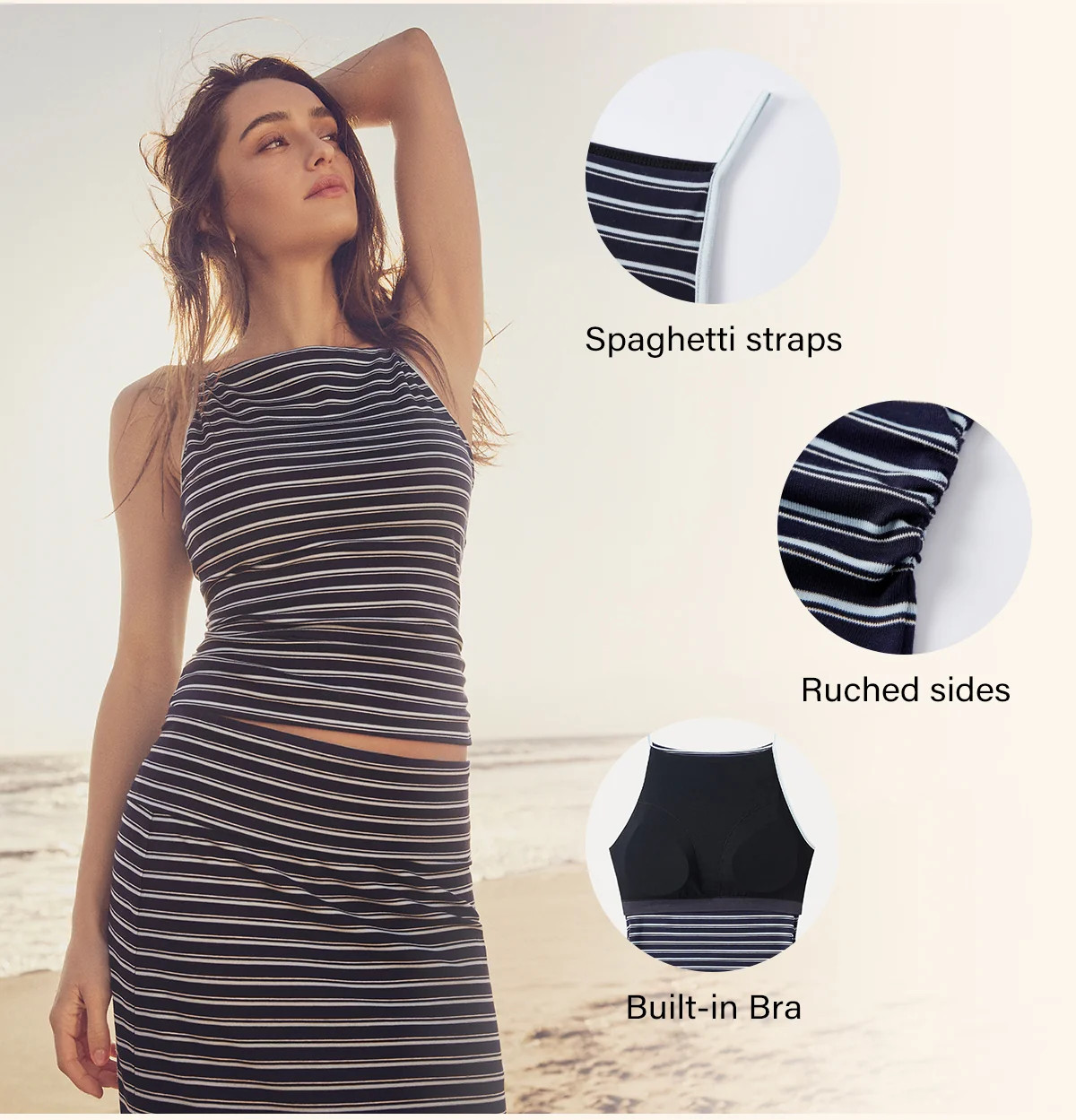 2Pcs Set Striped Spaghetti Bra Top & Low Rise Striped Midi Skirt | OGLmove