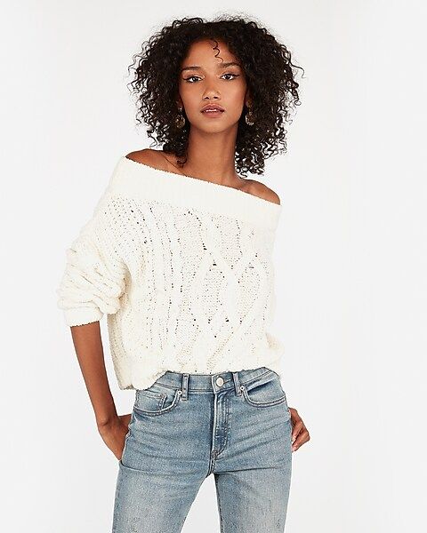 cozy chenille off the shoulder cable pullover sweater | Express