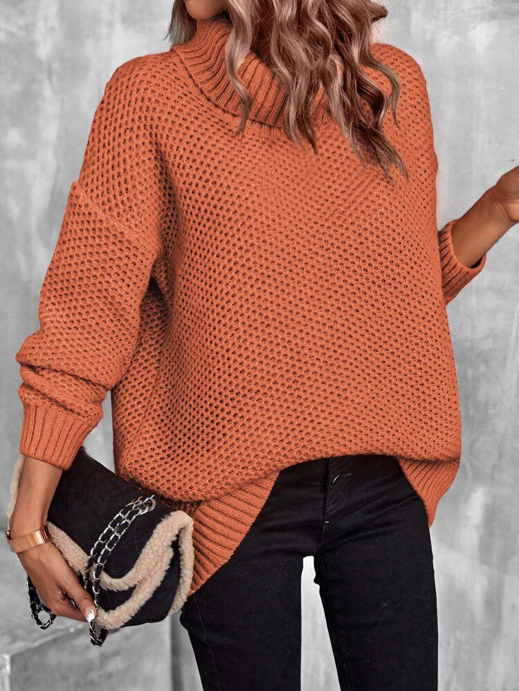 Turtleneck Drop Shoulder Pointelle Knit Sweater | SHEIN