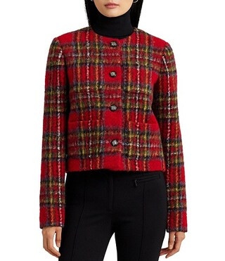 Plaid Round Neckline Long Sleeve Cropped Jacket | Dillard's