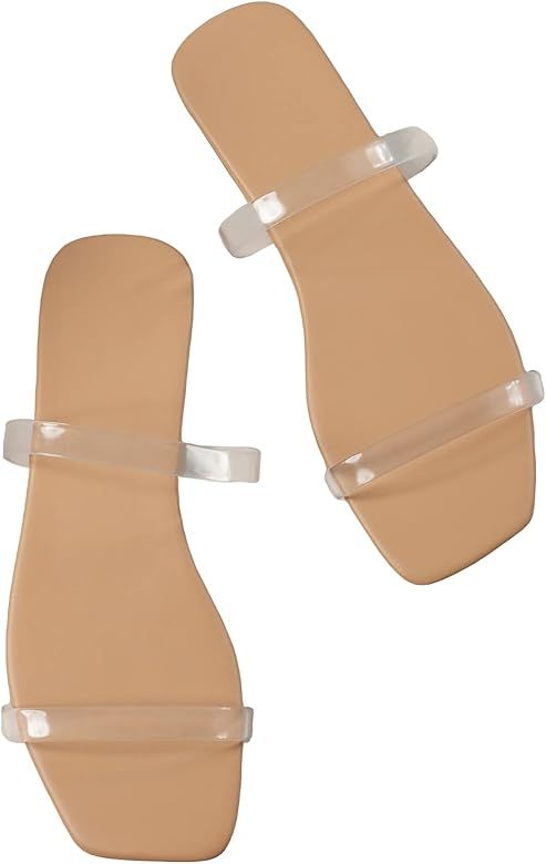 GORGLITTER Women's Square Toe Two Strap Flat Sandal Clear Double Strap Band Slides Summer Sandal | Amazon (US)