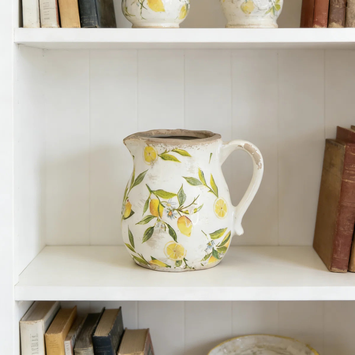 White Ceramic Pitcher Vase with Yellow Lemon Motif | Wayfair North America