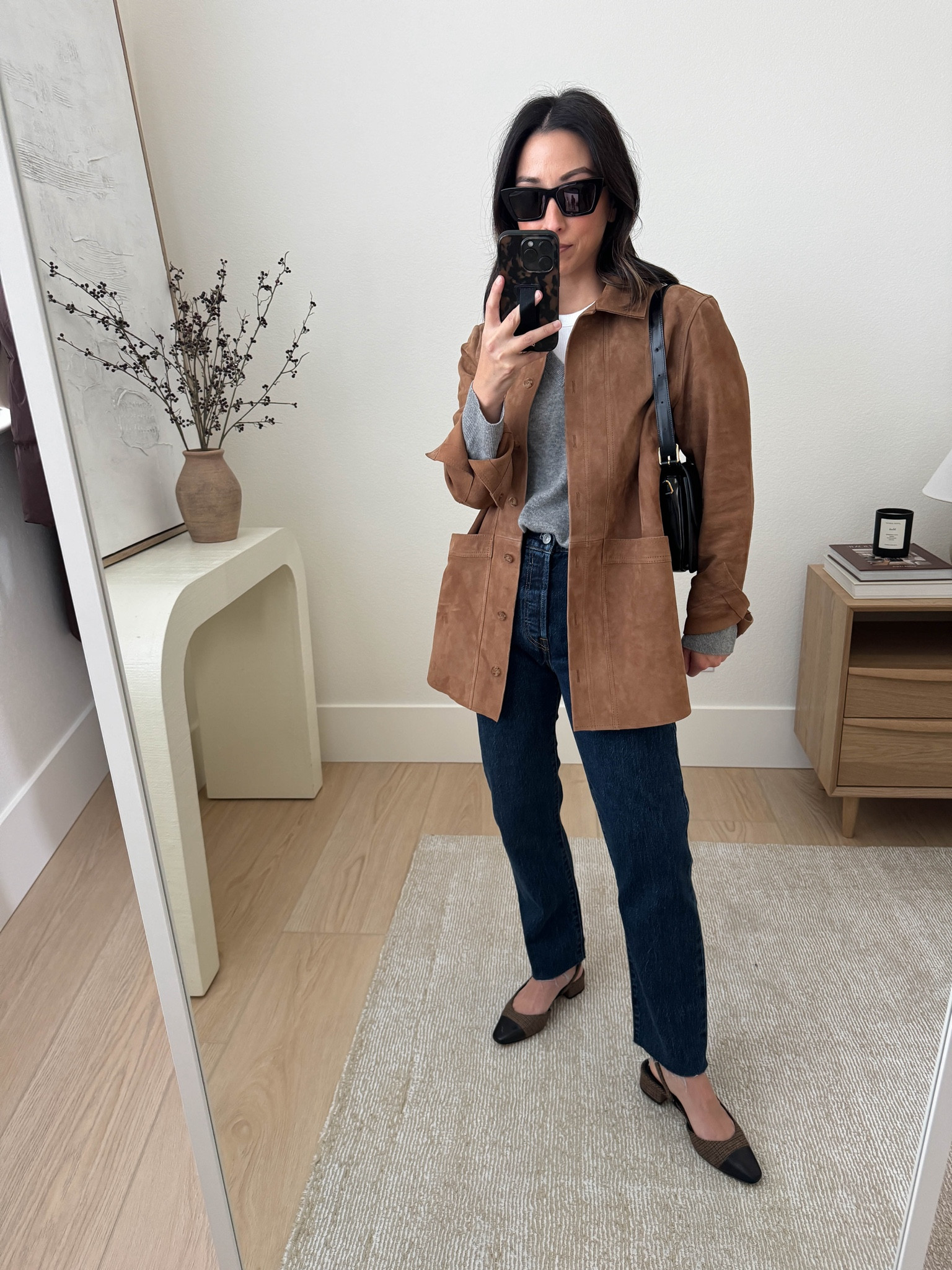 New Season, Same Staples - Fall staples I'm wearing from last year. Suede jacket. Suede everything is back! This one is Sezane. Fits small and long. I sized up to a small. Amazing quality

Sezane suede jacket small
Jenni Kayne sweater xs
Everlane tee medium
Levi's 501 crop 28" 25. Cut hems
Veronica Beard slingbacks 35
Celine Triomphe bag medium
YSL sunglasses

#LTKPetite #LTKItBag #LTKautumn