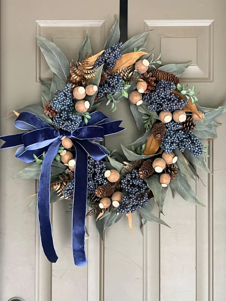 Navy Blue Velvet Ribbon Fall Wreath with Blue Berries Pinecones Eucalyptus Door Decor | Etsy (Global)