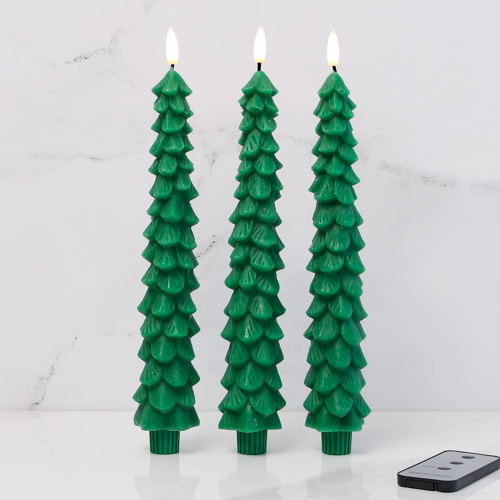 Set of 3 Green Tree Tapers with Remote | Interior Delights