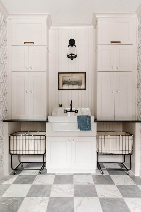 CLJ Traditional Laundry Room

Laundry baskets, apron front sink, lantern sconce, oil rubbed bronze faucet, floral black and white wallpaper, glass knobs

#LTKhome #LTKSeasonal