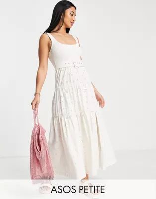 ASOS DESIGN Petite broderie shirred detail maxi dress with belt in cream | ASOS (Global)