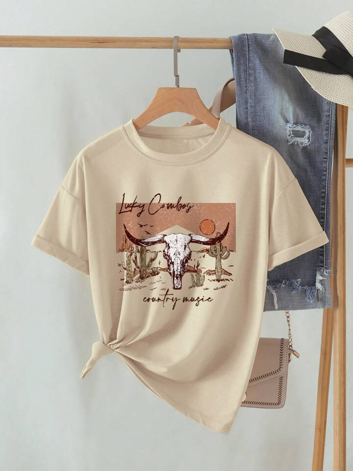 Plus Cattle And Slogan Graphic Tee | SHEIN