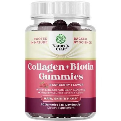 Collagen + Biotin Gummies, Extra Strength Biotin Collagen Supplement for Hair, Skin, & Nails for Women, Raspberry Flavor, Nature's Craft, 90ct | Target