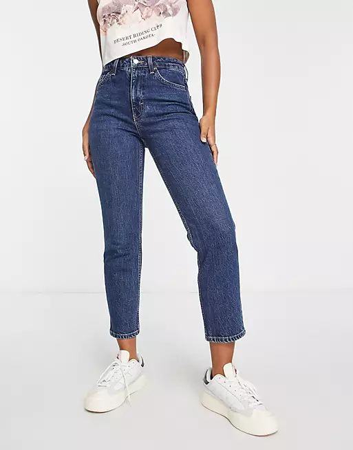 Topshop mid rise straight jeans with clean hem in indigo | ASOS (Global)