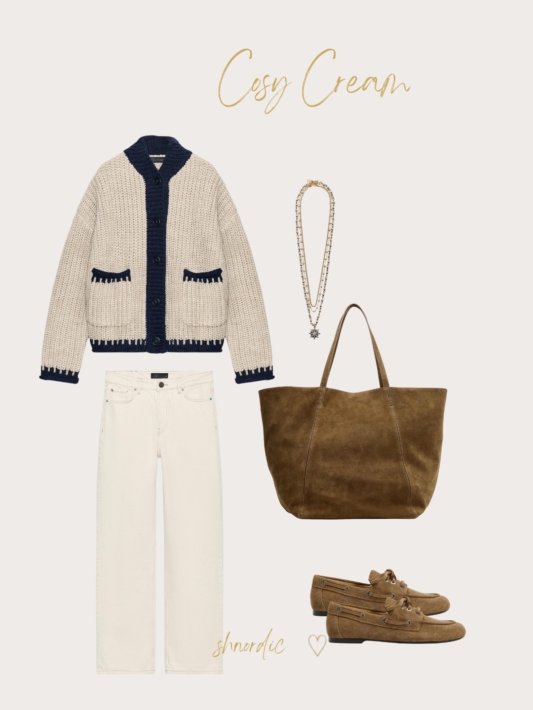 Cosy neutral autumn outfit from Zara. A contrast trim cardigan with navy edging works with high-waist ecru jeans and split suede deck loafers. A pack of mixed chain star necklaces adds subtle sparkle. It's a cream and camel capsule wardrobe look for everyday autumn style. Shop it below.