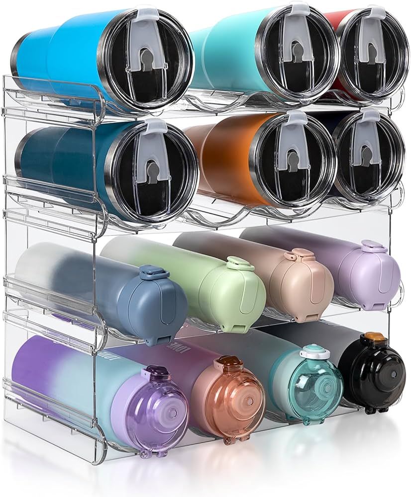 Stackable Water Bottle Organizer, Large Compartment Water Bottle Holder, 4 Tier Clear Water Bottl... | Amazon (US)