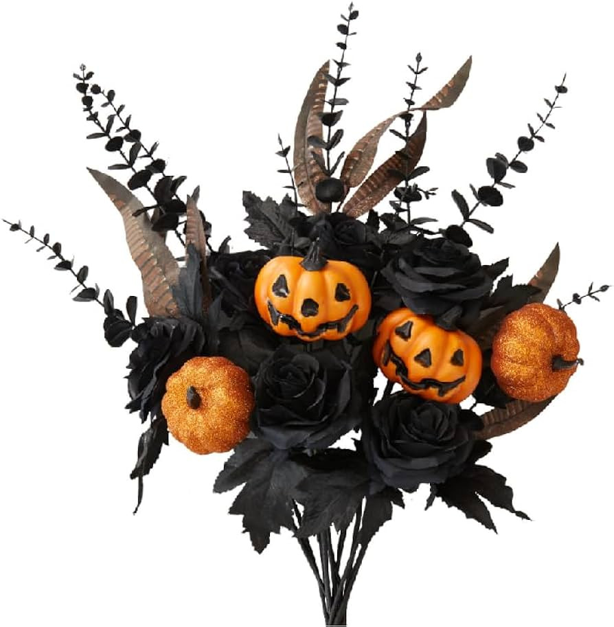 Anna's Whimsy 10PCS Halloween Decor Artificial Flowers Black Roses with Pumpkins, Halloween Table... | Amazon (US)