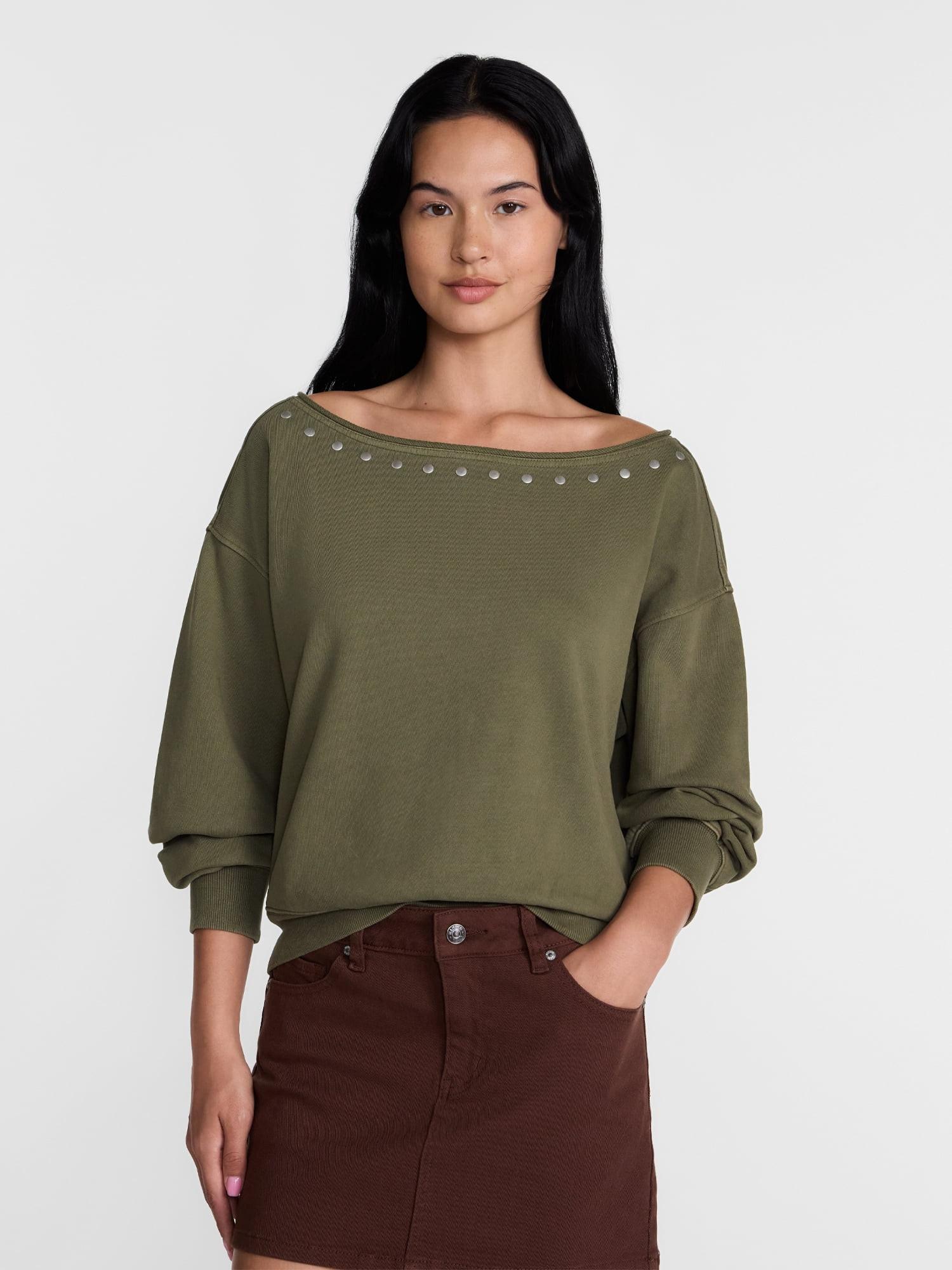 Madden NYC Women's Studded Off The Shoulder French Terry Sweatshirt, Sizes XXS-XXL | Walmart (US)