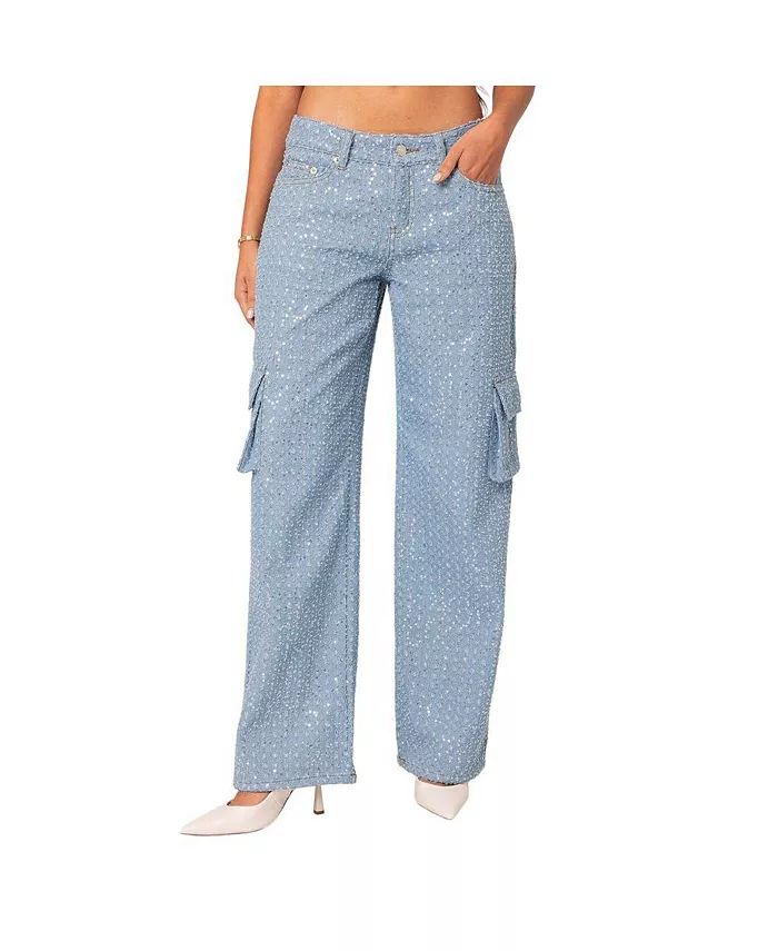 Edikted Women's Icing sequin low rise cargo jeans - Macy's | Macy's