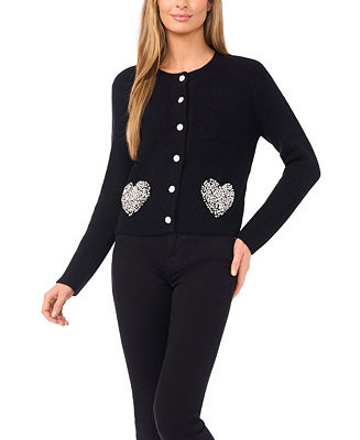 CeCe Women's Valentine's Crewneck Rhinestone Heart Pocket Cardigan Sweater - Macy's | Macy's