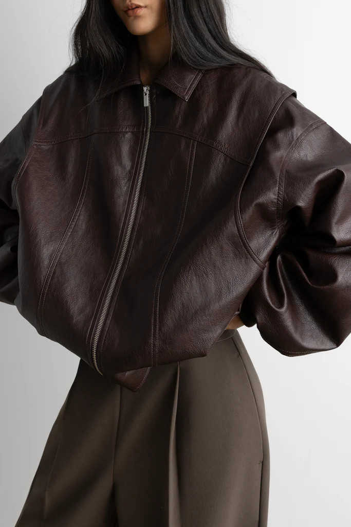 LAYERED DETAIL CONTRAST STITCH VEGAN LEATHER BOMBER | OAK + FORT