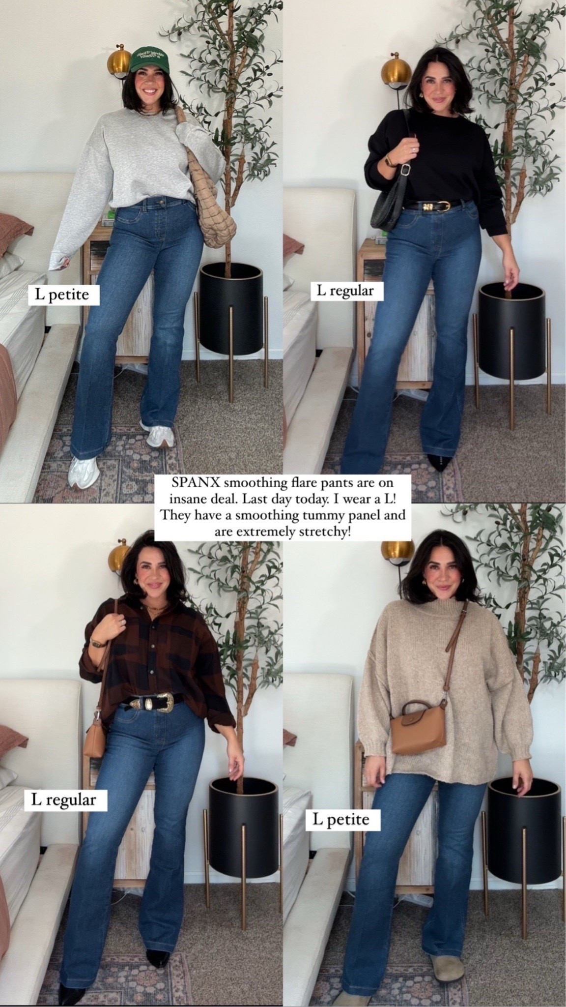 Spanx flare jeans on major deal! Only $41 in cart with code EXTRA30! My size 10 regular with a heel or petite with flats im 5’4 size 8/10. They’re very stretchy. 

Fall outfits, fall jeans, casual fall outfits, midsize fall denim