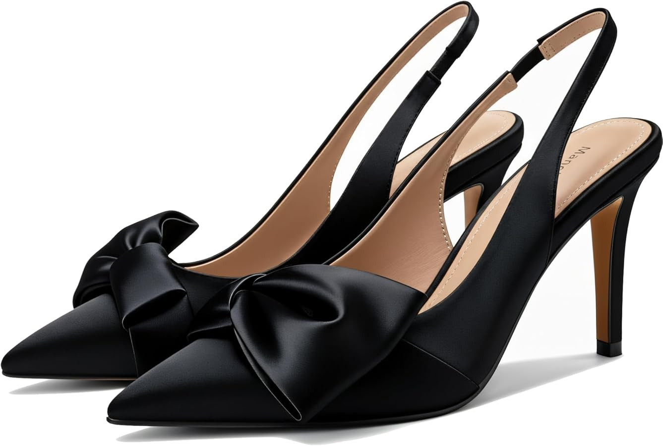 Women's Slingback Heels with Bow Pointed Toe Pumps with Elasticated Strap 3.3" High Heels for Eve... | Amazon (US)