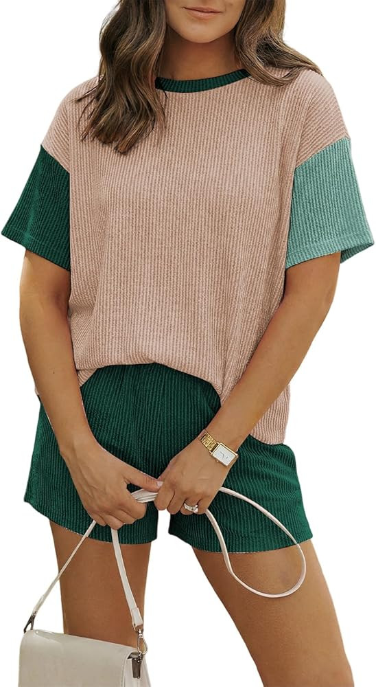 MARZXIN Women 2 Piece Shorts Set 2026 Casual Summer Cruise Outfits Ribbed Loose Short Sleeve Pock... | Amazon (US)