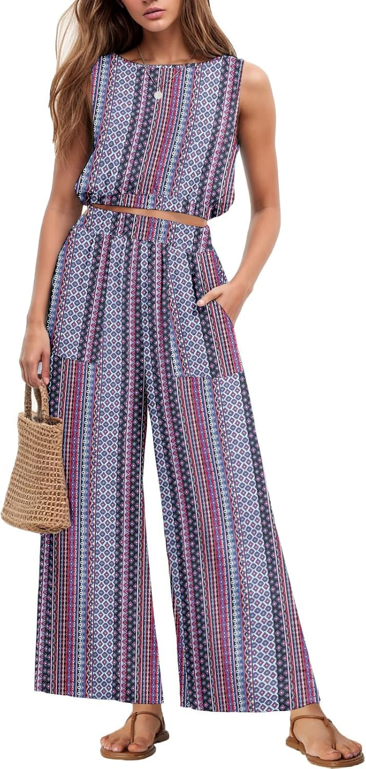 GRECERELLE Two Piece Sets for Women Summer Crop Top Wide Leg Pants 2026 | Amazon (US)