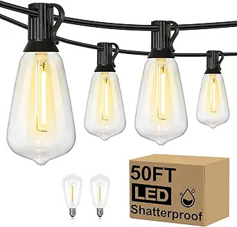 Brightever 50FT Outdoor String Lights Waterproof, 2700K Bright LED Patio Lights with 27 ST38 Shat... | Amazon (US)