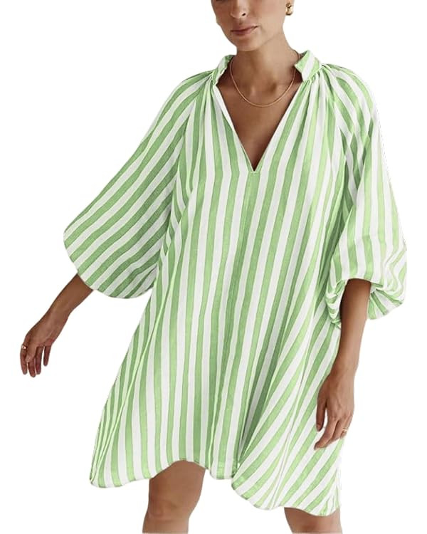 CHARTOU Women Summer Striped Beach Vacation Mini Dress 3/4 Sleeve Boho Chic Outfits Tunic Shift D... | Amazon (US)