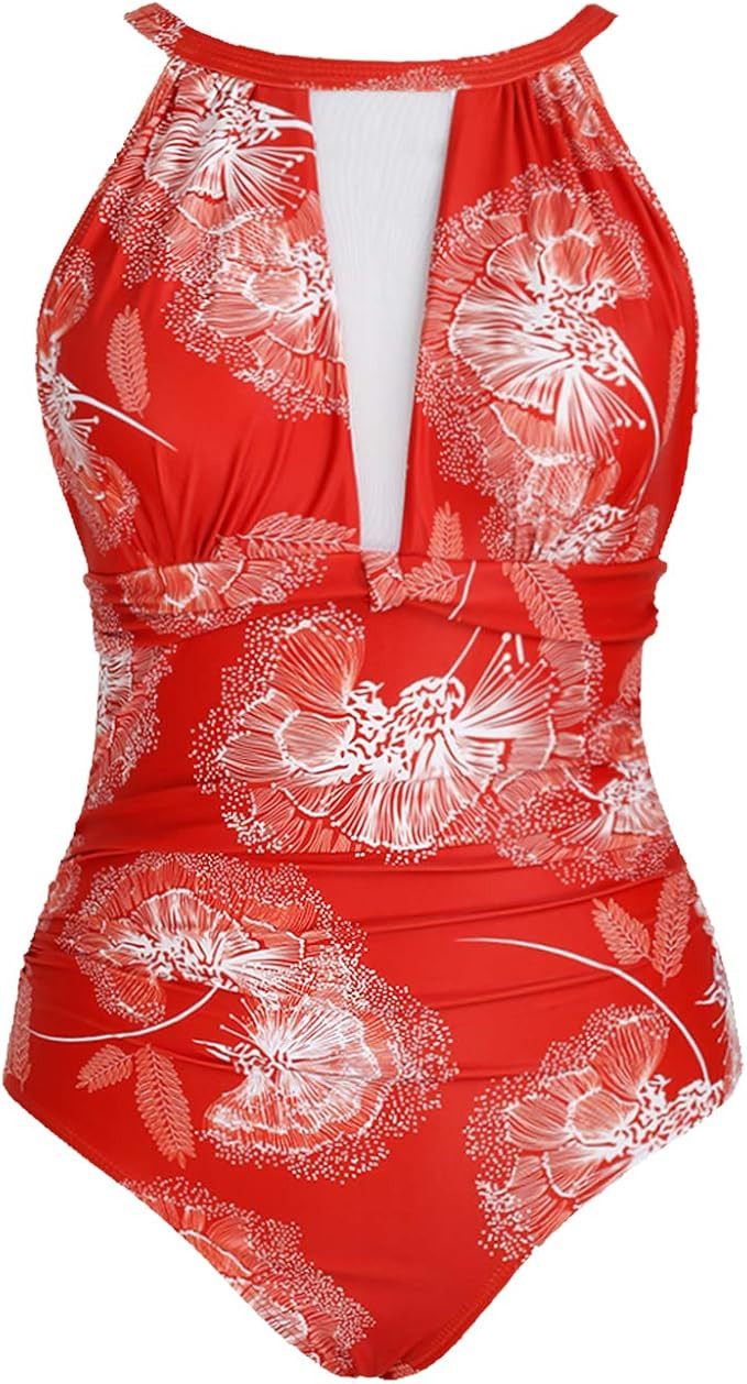 Tempt Me Women One Piece Swimsuit High Neck Plunge Mesh Ruched Monokini Swimwear | Amazon (US)