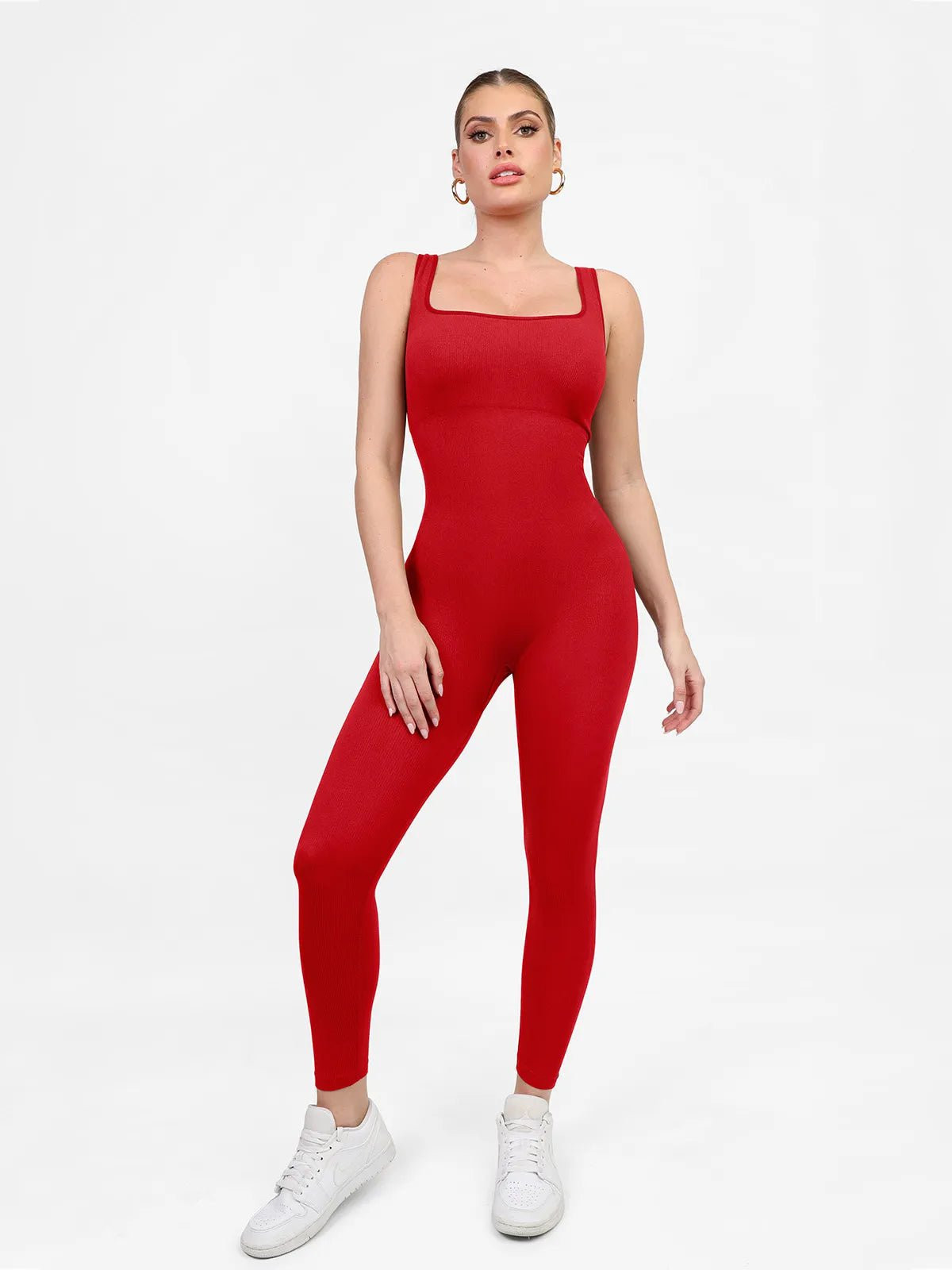 Shapewear Seamless Square Neck Tank Workout Jumpsuit - Chili Red / XL | Popilush
